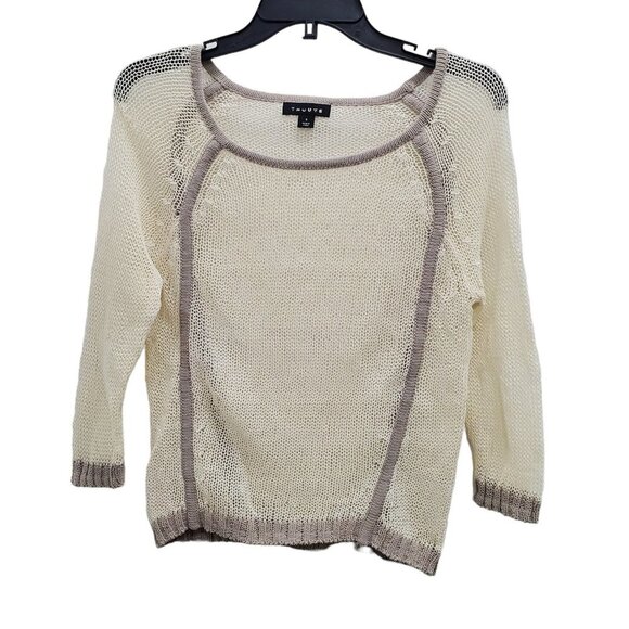 Nordstrom | Trouve Women's Cream Taupe Mesh Open Knit 3/4‎ Sleeve Sweater Size S - Picture 1 of 5